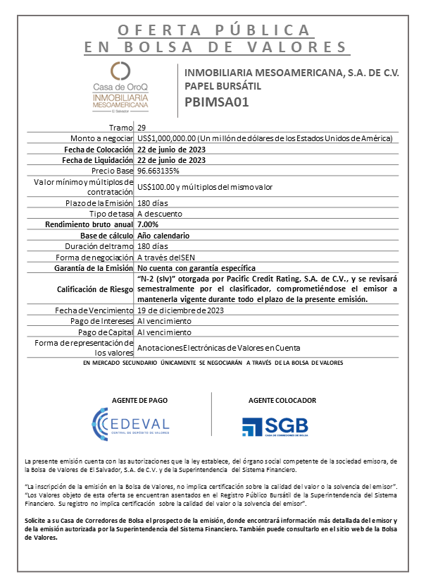 AVISO COLOCACION PBIMSA01 T 29