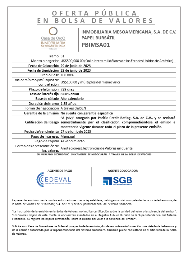 AVISO COLOCACION PBIMSA01 T 31