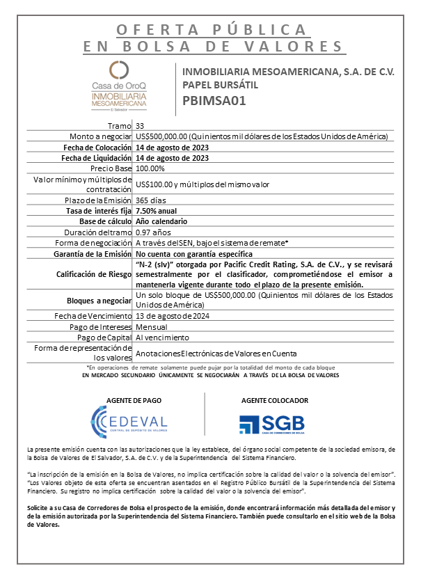 AVISO COLOCACION PBIMSA01 T 33
