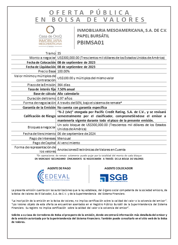 AVISO COLOCACION PBIMSA01 T 35