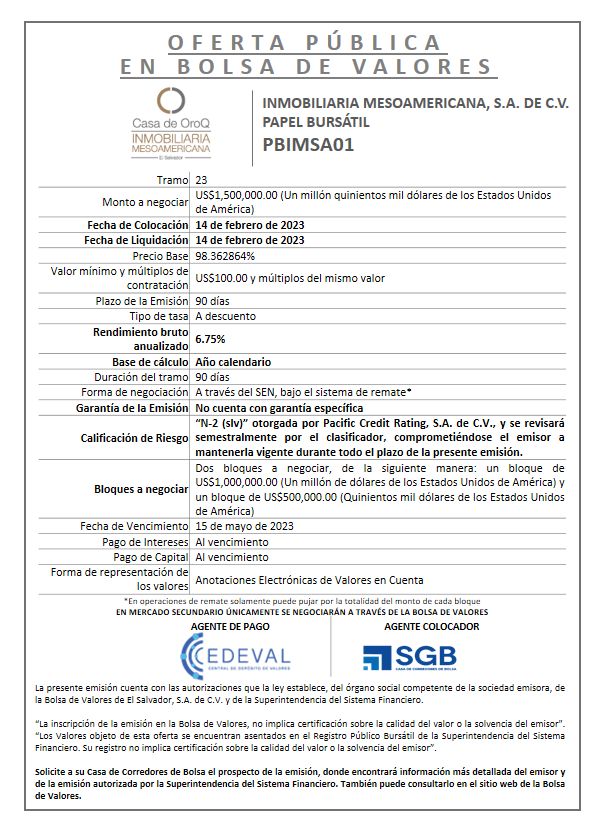AVISO COLOCACION PBIMSA01 T23