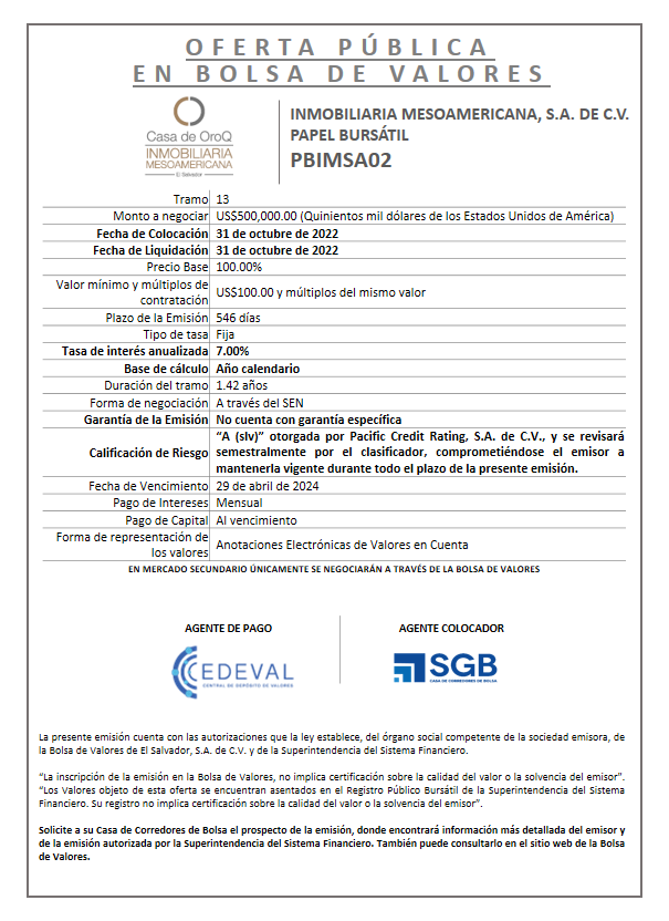 AVISO COLOCACION PBIMSA02 T 13