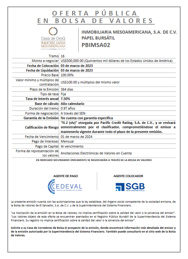AVISO COLOCACION PBIMSA02 T 16