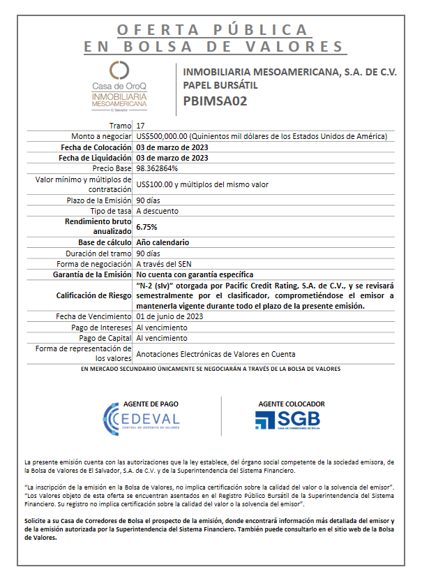 AVISO COLOCACION PBIMSA02 T 17