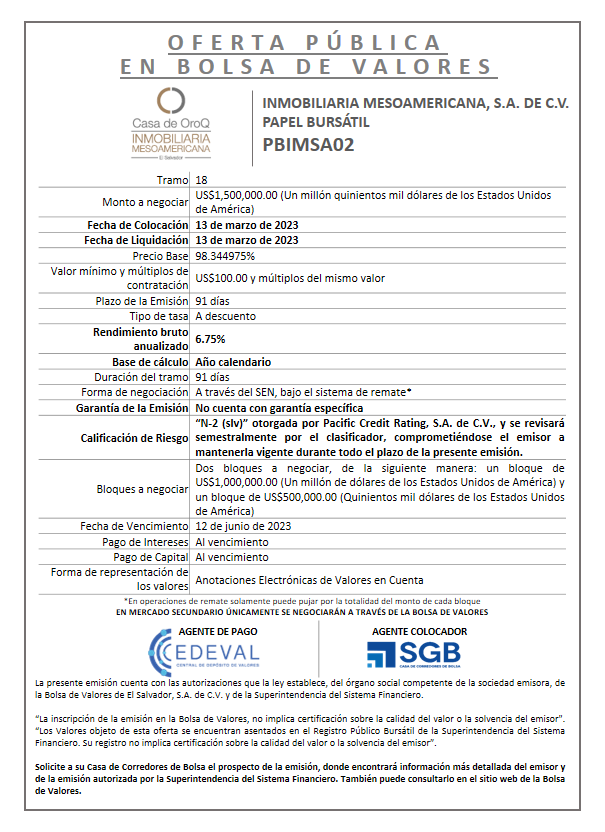 AVISO COLOCACION PBIMSA02 T 18