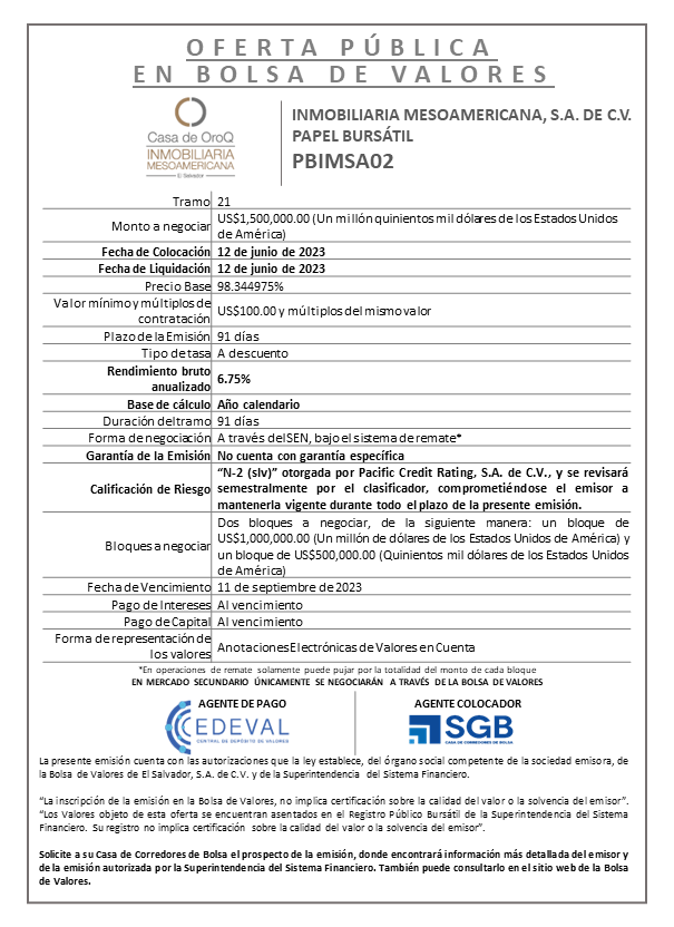 AVISO COLOCACION PBIMSA02 T 21