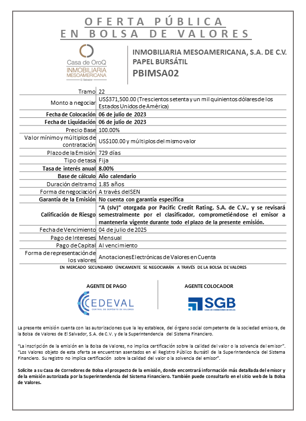 AVISO COLOCACION PBIMSA02 T 22
