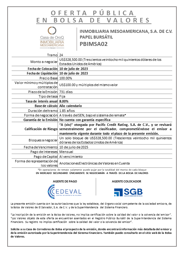 AVISO COLOCACION PBIMSA02 T 24