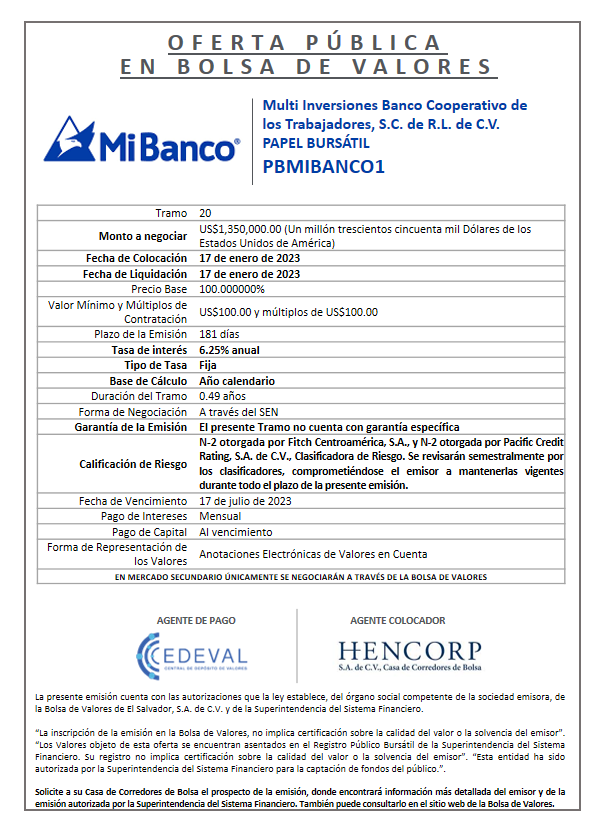 AVISO COLOCACION PBMIBANCO1 T 20