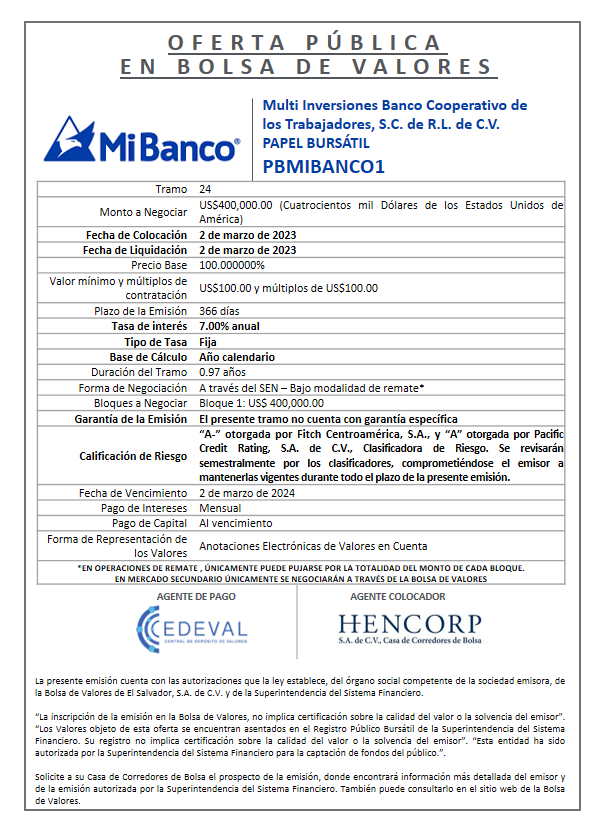 AVISO COLOCACION PBMIBANCO1 T 24