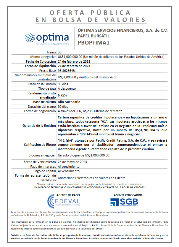 AVISO COLOCACION PBOPTIMA1 T 30
