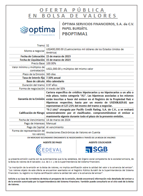 AVISO COLOCACION PBOPTIMA1 T 32