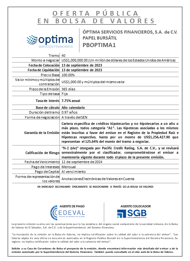 AVISO COLOCACION PBOPTIMA1 T 40