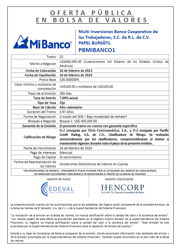 AVISO COLOCACION PBMIBANCO1 T 22