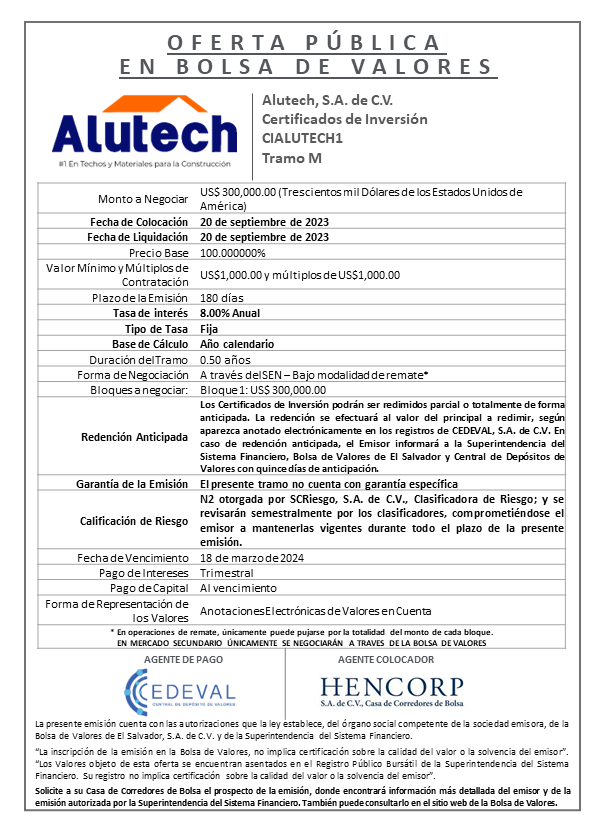 AVISO DE COLOCACION CIALUTECH1 T M