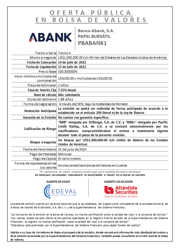 Aviso Colocación PBABANK TRAMO 4