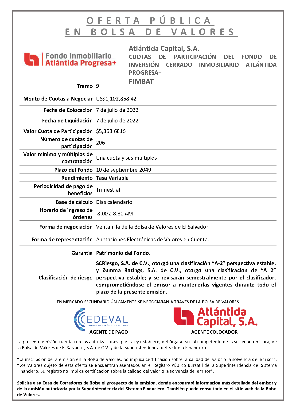 Aviso Colocación Tramo 9 FIMBAT