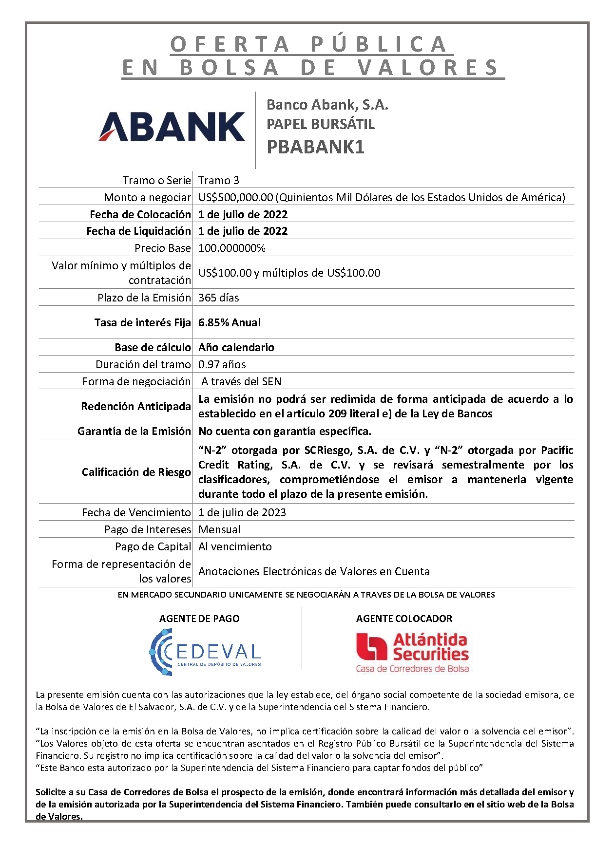 Colocación PBABANK1 TRAMO 3
