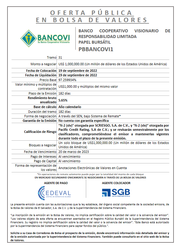 PUBLICACION AVISO DE COLOCACION PBBANCOVI1 T 31