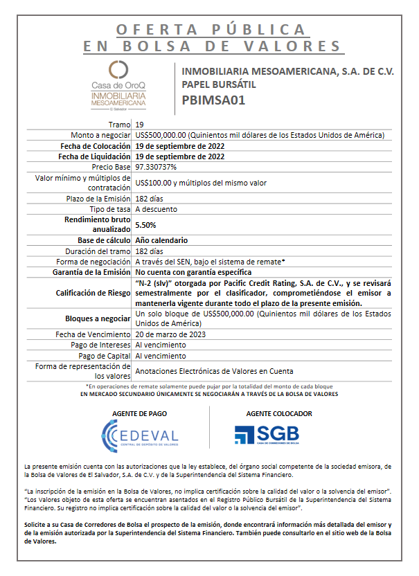 PUBLICACION AVISO DE COLOCACION PBIMSA01 T 19