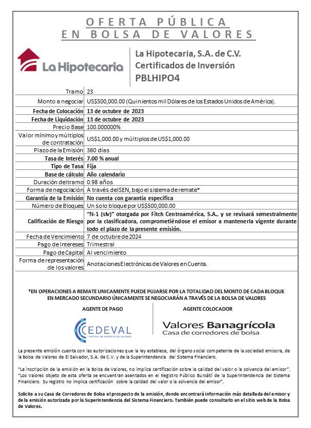 PUBLICACION AVISO DE COLOCACION PBLHIPO4 T23