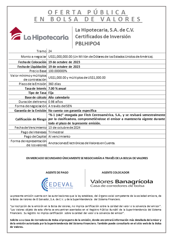 PUBLICACIÓN AVISO DE COLOCACION PBLHIPO4 T24