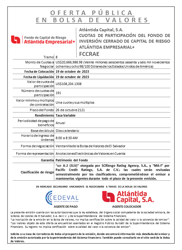 Publicacion Aviso de Colocación Tramo 8 FCCRAE