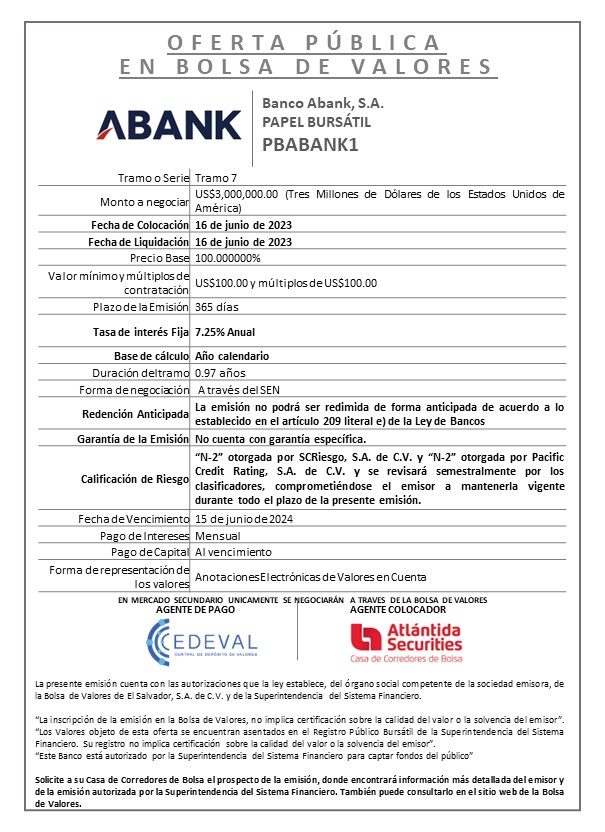 Publicacion aviso de colocacion PBABANK1 T7