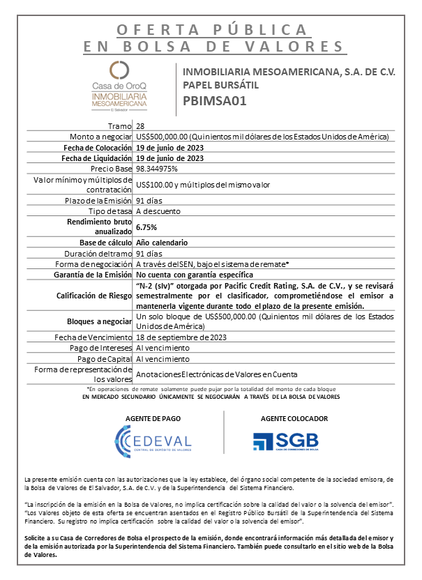 Publicacion aviso de colocacion PBIMSA01 T28