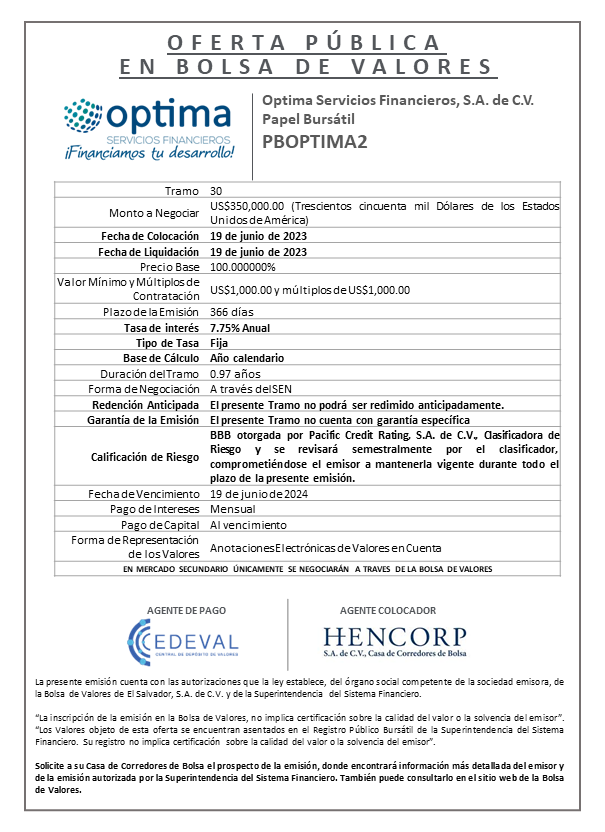 Publicacion aviso de colocacion PBOPTIMA2 T30